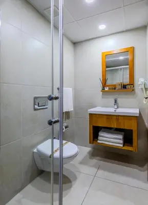 a bathroom with a toilet and a sink and a mirror at Sultan Hamit Hotel in Istanbul