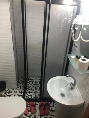 a bathroom with a shower with a sink and a toilet at Reydel Hotel in Istanbul