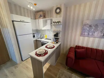 a small kitchen with a white refrigerator and a red couch at Classic Suite SS5 in Istanbul
