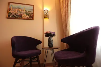 two chairs and a vase of flowers in a room at Gülec Konak Hotel in Istanbul