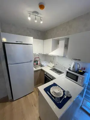 a kitchen with a white refrigerator and a counter top at King Suite SS0 in Istanbul