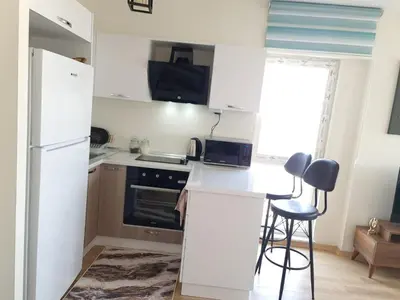 a kitchen with a white refrigerator and a counter top at King Suite WH32 in Istanbul