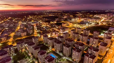an aerial view of a city at night at SEFA HOTEL 1 ÇORLU in Corlu