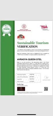 a flyer for a sustainable tourism verification organisation with a green and white at AVRASYAQUEEN HOTEL in Istanbul