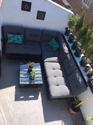 an overhead view of a couch and a table with plants at Duplex with terrace in center,5mn walk to Istiklal in Istanbul