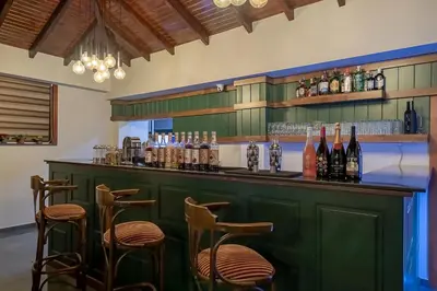 a green bar with stools and bottles of alcohol at ERTA SOYAK THERMAL OTEL in Çekirge