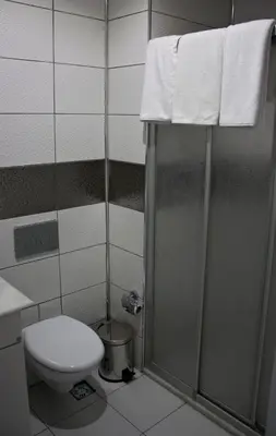 a small bathroom with a toilet and a shower at Istanbul Central Hotel in Istanbul
