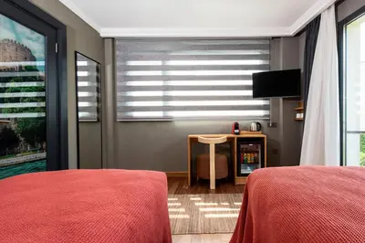 a bedroom with two beds and a window with a television at Istanbul Old City Colorful Houses Balat PETRION Hotel in Istanbul