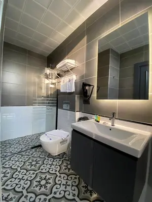 a bathroom with a sink and a toilet and a mirror at World Class Hotel - Istanbul Airport in Arnavutköy