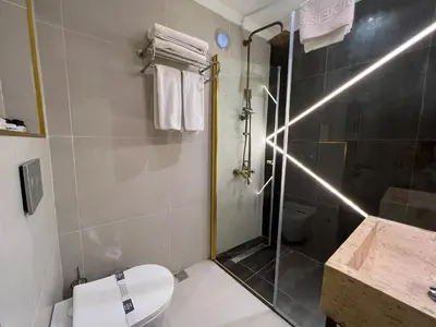a bathroom with a shower and a toilet and a sink at By Kinyas Hotel in Istanbul