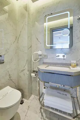 a bathroom with a toilet and a sink and a mirror at THE HUBİ HOTEL in Istanbul