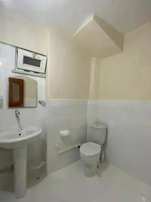 a white bathroom with a toilet and a sink at 2 bedrooms central area located appartment 2 floor in Istanbul