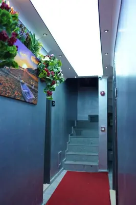 a hallway with a red carpet and stairs with flowers at Middle Village in Istanbul