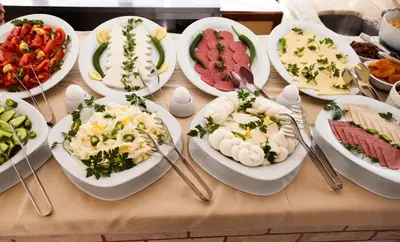 a table full of plates of food with ingrediants at Hotel Saba in Istanbul