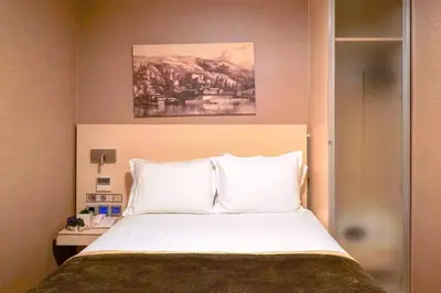 a bedroom with a bed and a painting on the wall at Hotel Troya in Istanbul