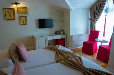 a bedroom with a bed and a tv and a chair at Avicenna Hotel Sultanahmet in Istanbul