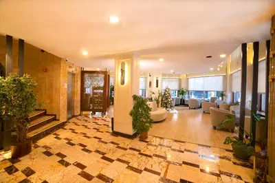 a lobby with couches and plants in a building at Barin Hotel in Istanbul