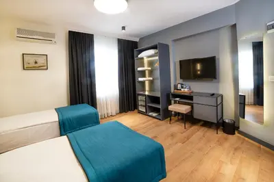 a bedroom with a bed and a desk with a television at Barin Hotel in Istanbul