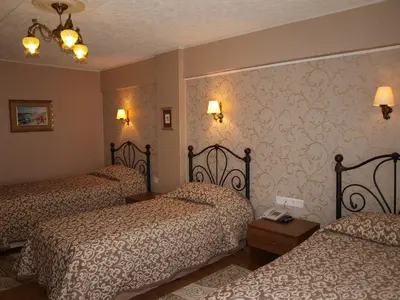 a hotel room with two beds and two lamps at Hotel Nezih Istanbul in Istanbul