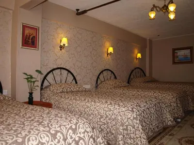 a bedroom with two beds and two lights on the wall at Hotel Nezih Istanbul in Istanbul