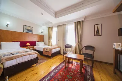 a hotel room with two beds and a table and chairs at Hippodrome Hotel in Istanbul