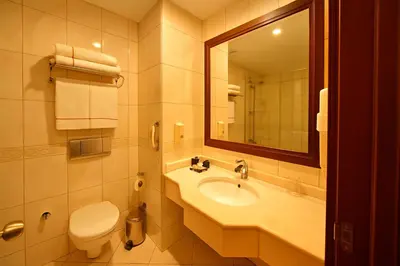 a bathroom with a sink and a toilet and a mirror at Taksim Gonen Hotel in Istanbul