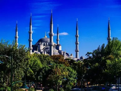 a large building with blue mosques with trees in front at The Sunrise Hotel in Istanbul