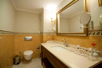 a bathroom with a sink and a toilet and a mirror at Taksim Metropark Hotel in Istanbul