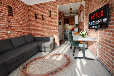 a living room with a couch and a brick wall at Sultanahmet Center View Apart Hotel in Istanbul
