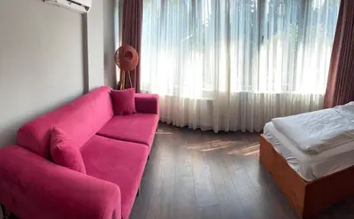 a living room with a pink couch and a bed at Aymira Suite Hotel in Istanbul