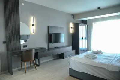 a bedroom with a bed and a desk with a television at Hotel54 in Sakarya