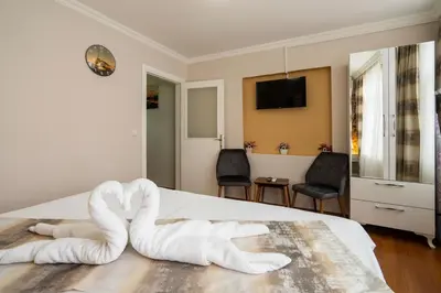 a bedroom with two swans made out of towels on a bed at Blue Mosq- Three Storey Detached Villa in Istanbul
