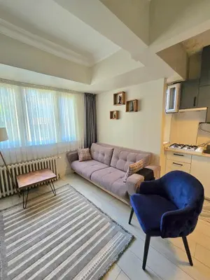 a living room with a purple couch and a chair at Osmanbey sweet homes in Istanbul