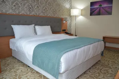 a bedroom with a large bed with a blue blanket on it at Çınarpark Hotel in Korfez