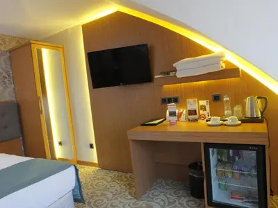 a hotel room with a tv on a desk with a bed at Çınarpark Hotel in Korfez