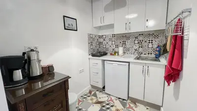 a small kitchen with white cabinets and a sink at Stanbul House in Istanbul