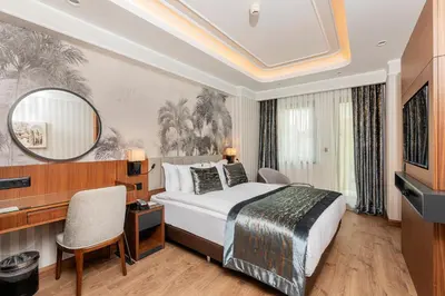 a hotel room with a bed and a mirror at Mukarnas Pera Hotel in Istanbul