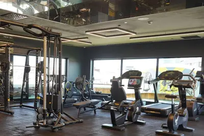 a gym with several treadmills and elliptical machines at Ramada Plaza By Wyndham Istanbul City Center in Istanbul