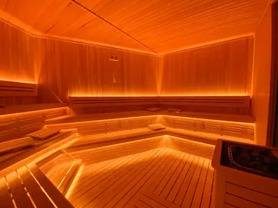 a large wooden sauna with a wooden floor at Almira Hotel Thermal Spa & Convention Center in Bursa