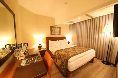 a hotel room with a bed and a desk with a mirror at Cartoon Hotel in Istanbul