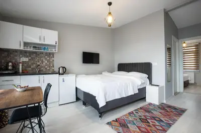 a bedroom with a bed and a kitchen with a table at Zelya Istanbul Flats in Istanbul