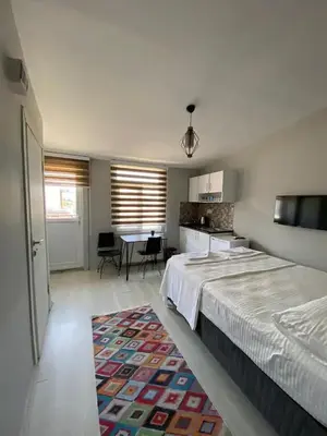 a bedroom with a bed and a table and a kitchen at Zelya Istanbul Flats in Istanbul