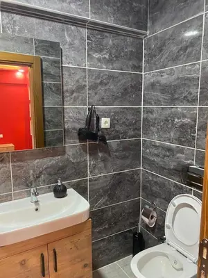 a bathroom with a sink and a toilet and a mirror at CEMRE SUIT in Istanbul