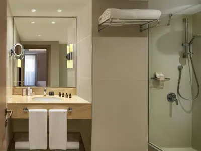 a bathroom with a shower and a sink at Mövenpick Hotel Istanbul Bosphorus in Istanbul
