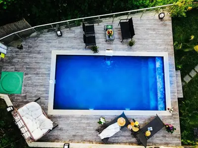 an overhead view of a large swimming pool at LakeviewhouseSapanca in Sapanca