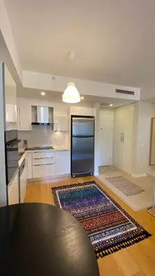 a kitchen with a black table and a black refrigerator at Cebeci Residence Pendik in Istanbul