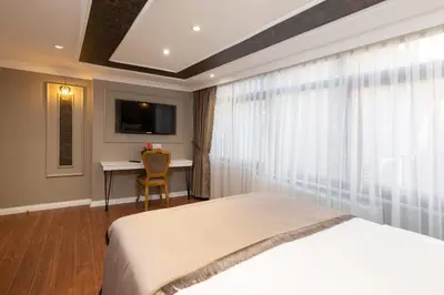 a bedroom with a bed and a desk and a television at Azalea Mansion Oldcity in Istanbul