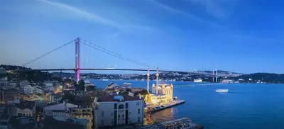 a bridge over a body of water with a city at Radisson Blu Bosphorus Hotel in Istanbul