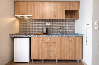 a kitchen with wooden cabinets and a sink at Lavin Hotel & Suites in Istanbul