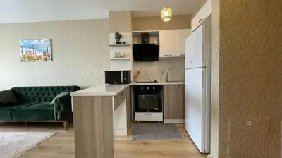 a living room with a kitchen and a couch in a room at Luxe Suite AI3 in Esenyurt